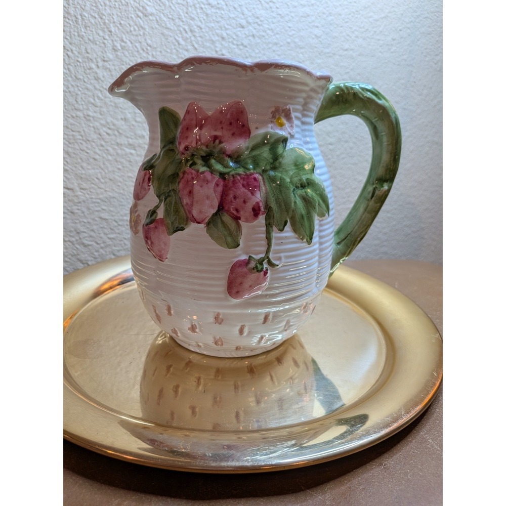 Vintage Italian Majolica Strawberry Pitcher 3D Fruit Relief Made in Italy